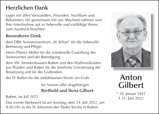Traueranzeige von Anton Gilbert von FZ