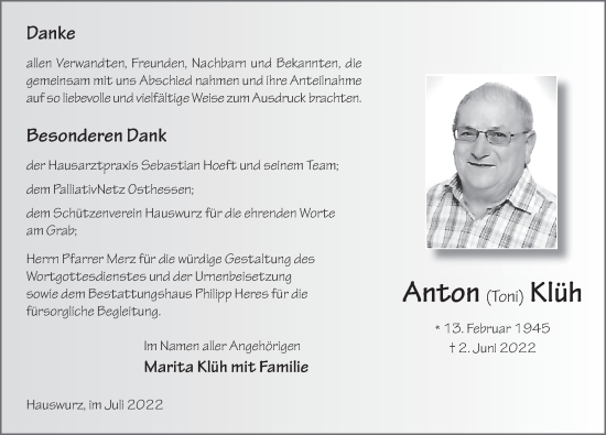Traueranzeige von Anton Klüh von FZ