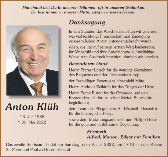 Traueranzeige von Anton Klüh von FZ