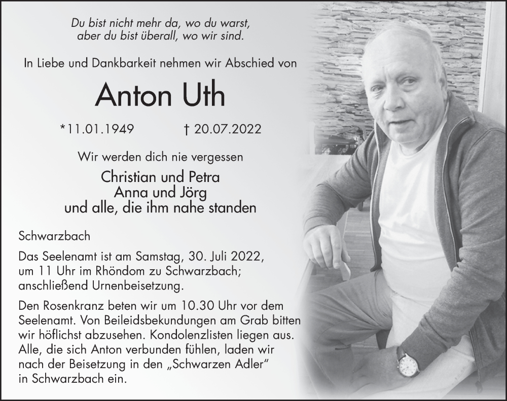  Traueranzeige für Anton Uth vom 27.07.2022 aus FZ