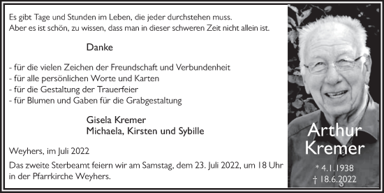 Traueranzeige von Arthur Kremer von FZ