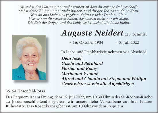 Traueranzeige von Auguste Neidert von FZ