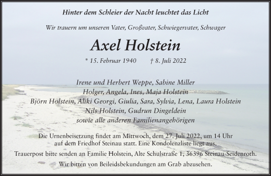 Traueranzeige von Axel Holstein von FZ