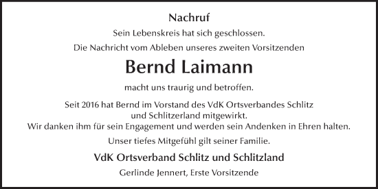 Traueranzeige von Bernd Laimann von FZ