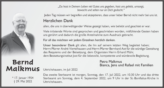 Traueranzeige von Bernd Malkmus von FZ