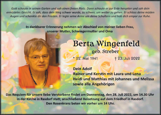 Traueranzeige von Berta Wingenfeld von FZ