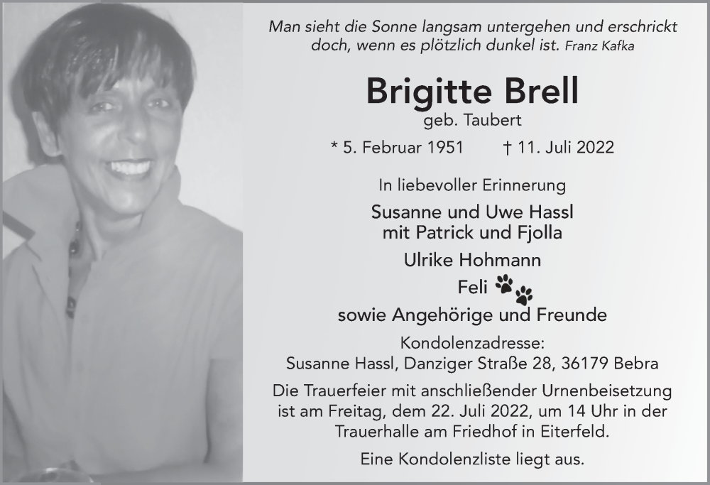 Traueranzeige für Brigitte Brell vom 16.07.2022 aus FZ