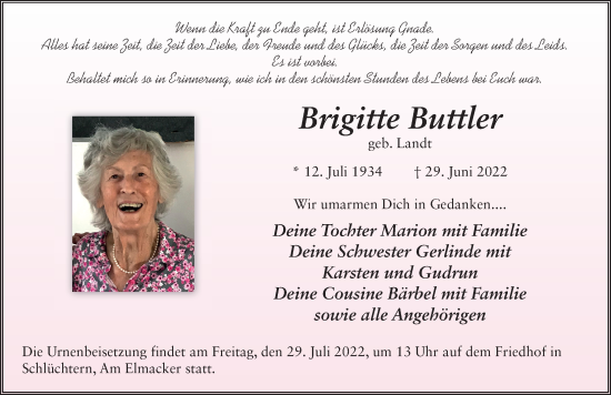 Traueranzeige von Brigitte Buttler von FZ