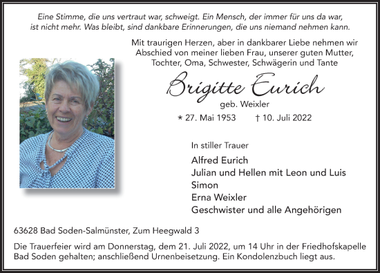 Traueranzeige von Brigitte Eurich von FZ