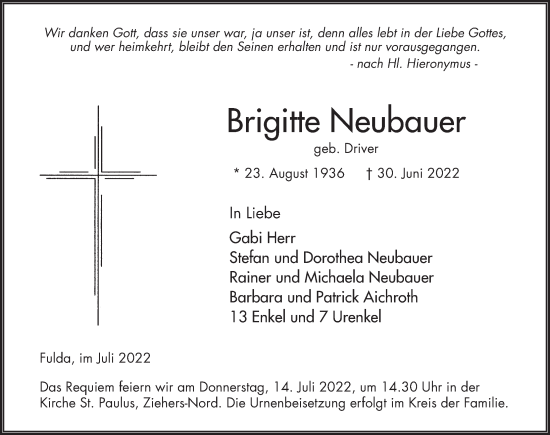 Traueranzeige von Brigitte Neubauer von FZ