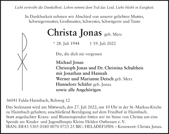 Traueranzeige von Christa Jonas von FZ
