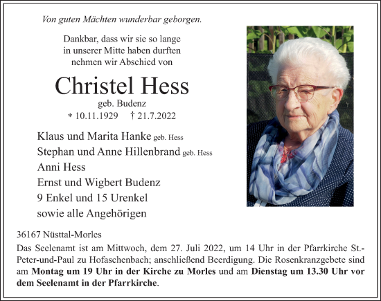 Traueranzeige von Christel Hess von FZ