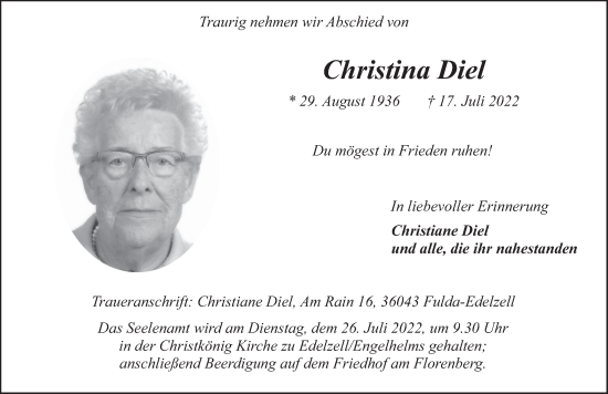 Traueranzeige von Christina Diel von FZ