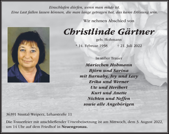 Traueranzeige von Christlinde Gärtner von FZ