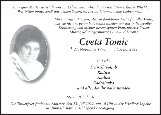 Traueranzeige von Cveta Tomic von FZ
