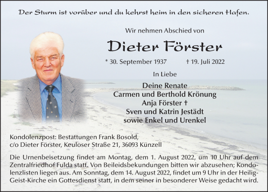Traueranzeige von Dieter Förster von FZ