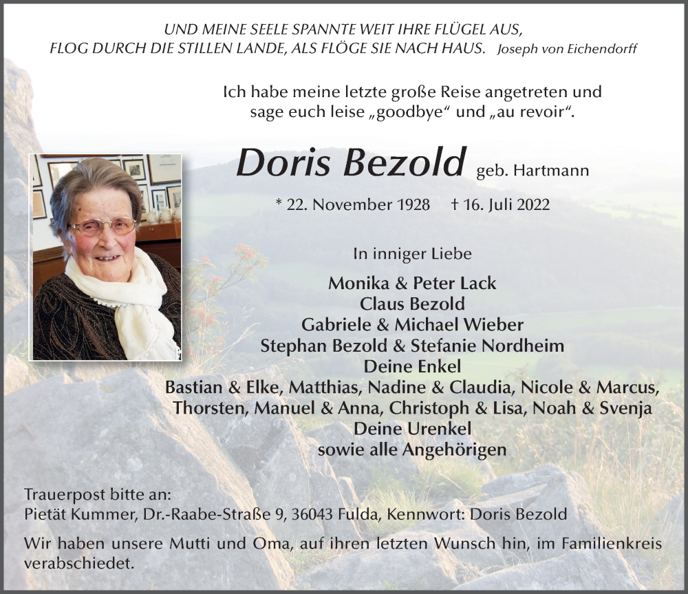  Traueranzeige für Doris Bezold vom 23.07.2022 aus FZ
