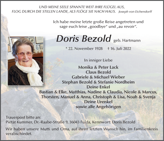 Traueranzeige von Doris Bezold von FZ