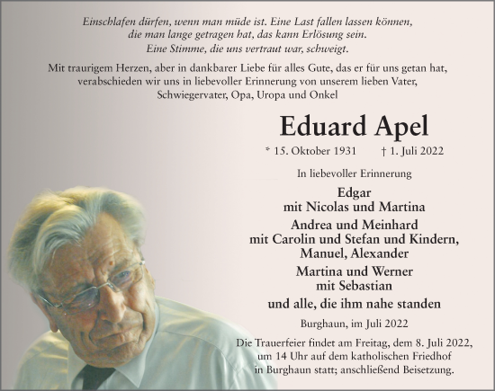Traueranzeige von Eduard Apel von FZ