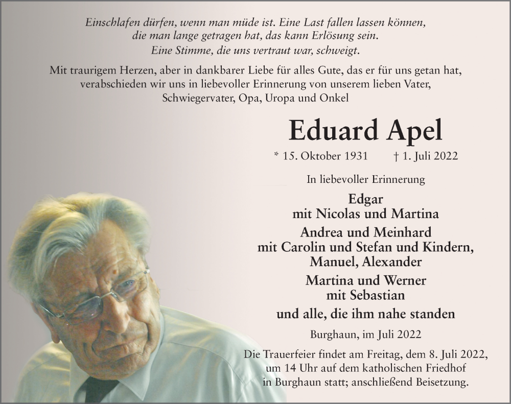  Traueranzeige für Eduard Apel vom 06.07.2022 aus FZ