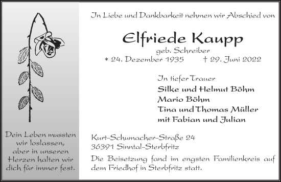 Traueranzeige von Elfriede Kaupp von FZ