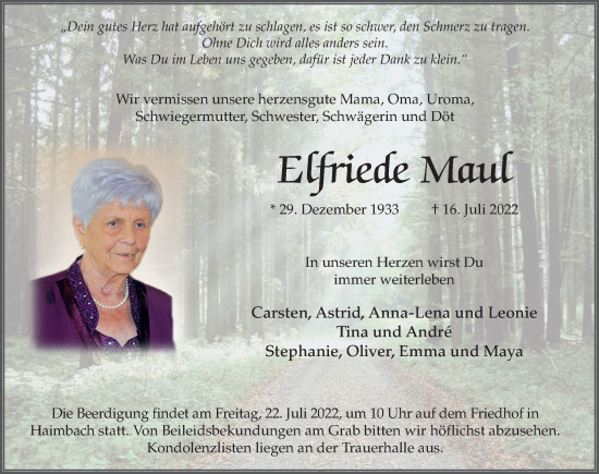 Traueranzeige von Elfriede Maul von FZ