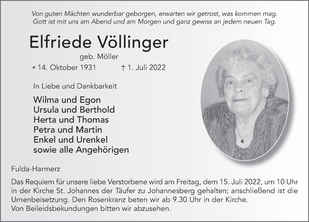  Traueranzeige für Elfriede Völlinger vom 12.07.2022 aus FZ