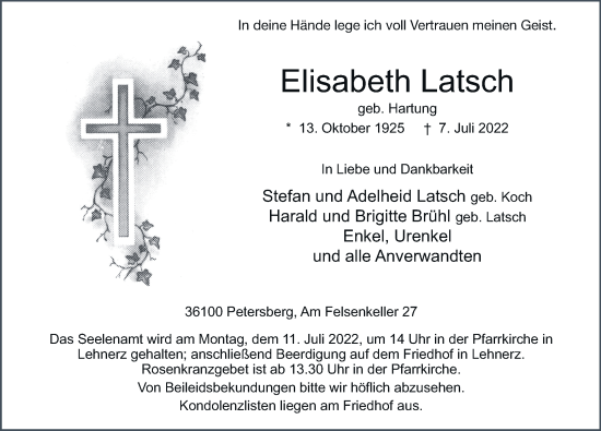 Traueranzeige von Elisabeth Latsch von FZ
