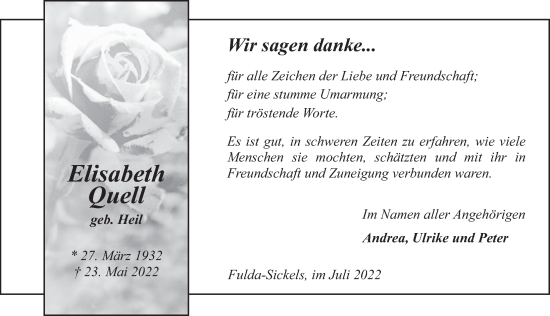 Traueranzeige von Elisabeth Quell von FZ