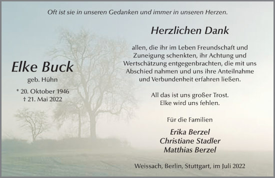 Traueranzeige von Elke Buck von FZ