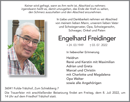 Traueranzeige von Engelhard Freidinger von FZ