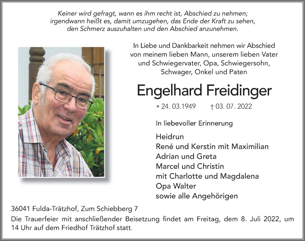  Traueranzeige für Engelhard Freidinger vom 05.07.2022 aus FZ