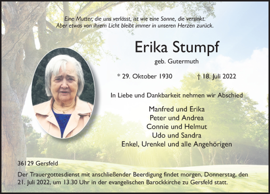 Traueranzeige von Erika Stumpf von FZ