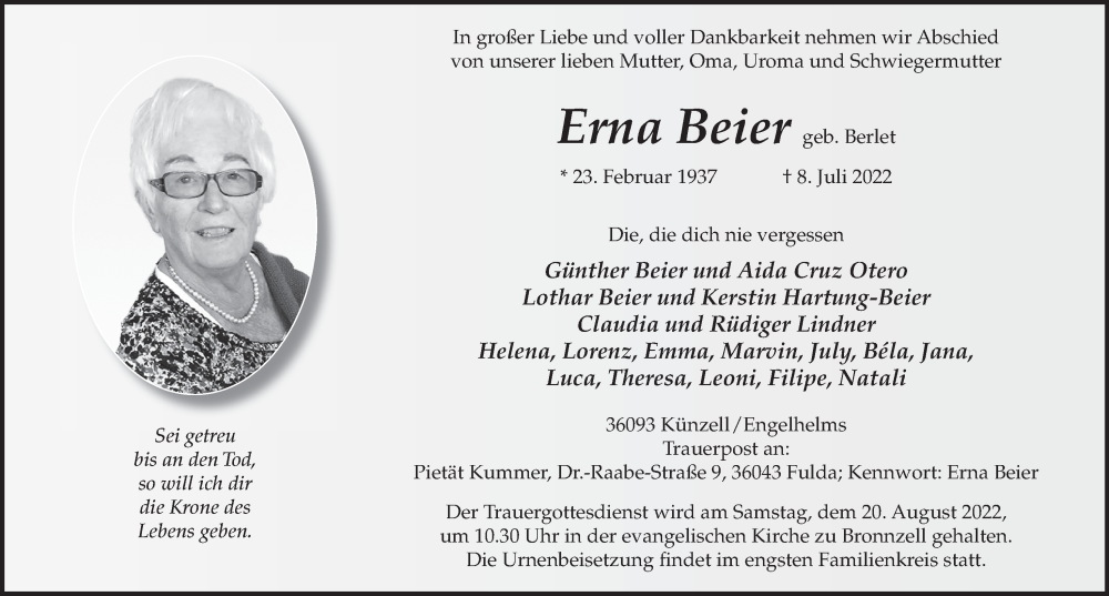  Traueranzeige für Erna Beier vom 29.07.2022 aus FZ