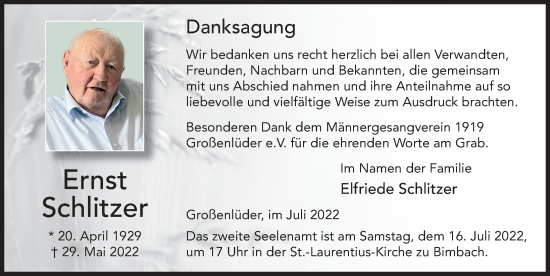 Traueranzeige von Ernst Schlitzer von FZ