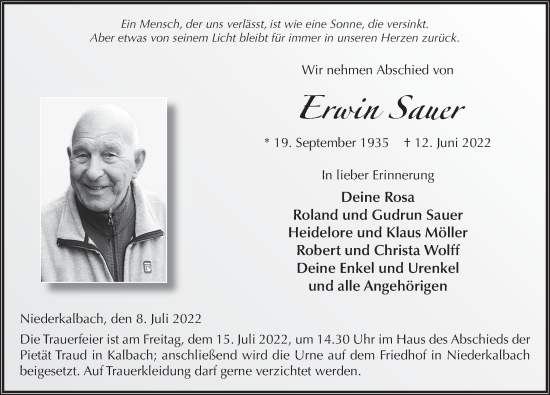 Traueranzeige von Erwin Sauer von FZ