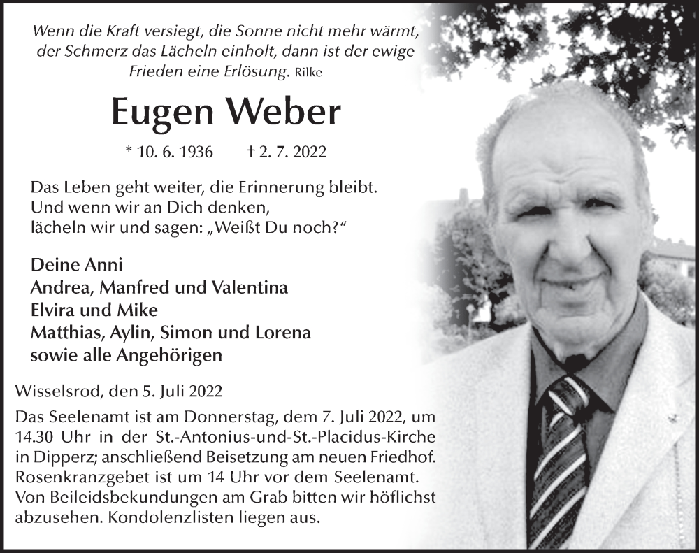  Traueranzeige für Eugen Weber vom 05.07.2022 aus FZ