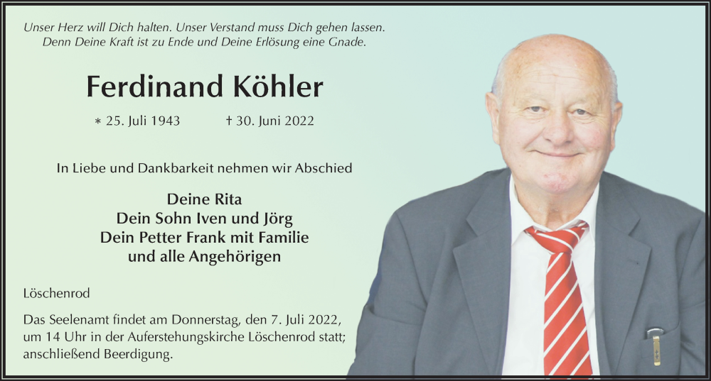  Traueranzeige für Ferdinand Köhler vom 04.07.2022 aus FZ