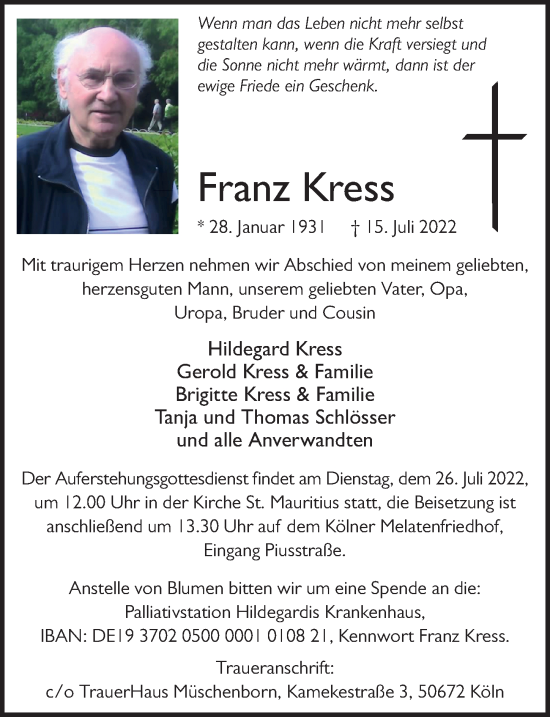Traueranzeige von Franz Kress von FZ