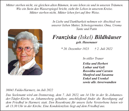 Traueranzeige von Franziska Bildhäuser von FZ