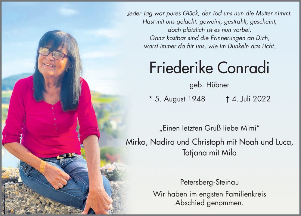  Traueranzeige für Friederike Conradi vom 20.07.2022 aus FZ
