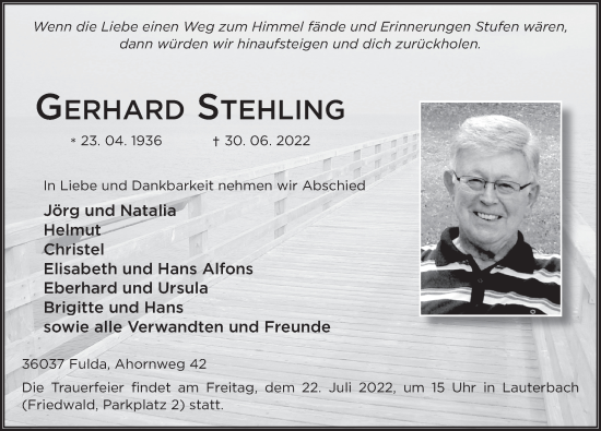 Traueranzeige von Gerhard Stehling von FZ