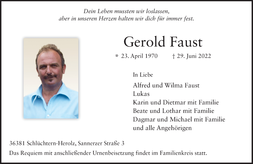  Traueranzeige für Gerold Faust vom 07.07.2022 aus FZ