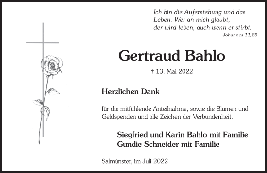 Traueranzeige von Gertraud Bahlo von FZ