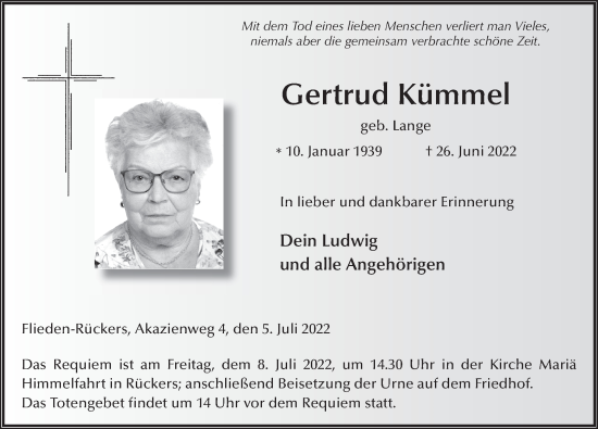 Traueranzeige von Gertrud Kümmel von FZ