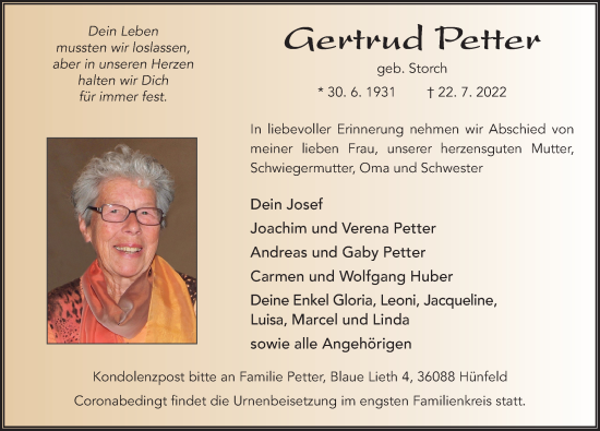 Traueranzeige von Gertrud Petter von FZ