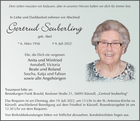 Traueranzeige von Gertrud Seuberling von FZ