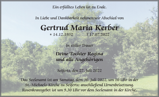 Traueranzeige von Gertrud Maria Kerber von FZ