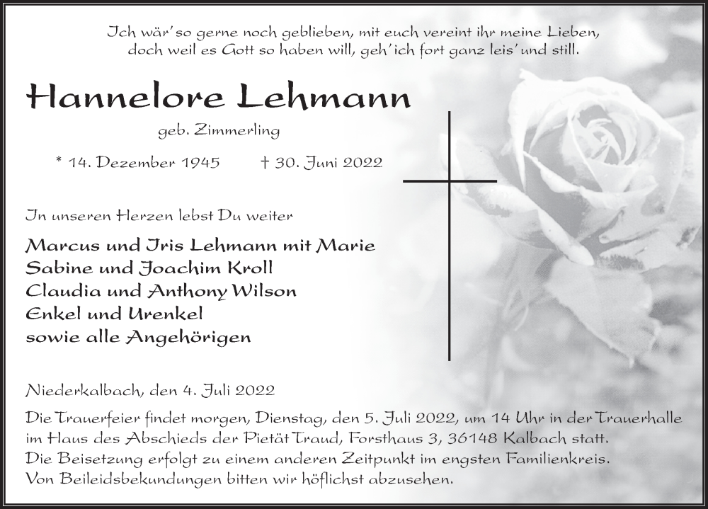  Traueranzeige für Hannelore Lehmann vom 04.07.2022 aus FZ