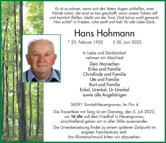 Traueranzeige von Hans Hohmann von FZ